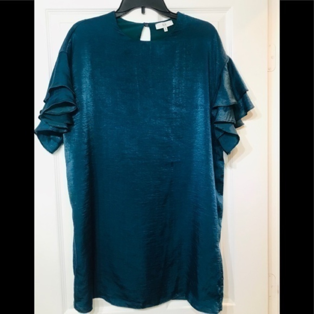 NWT NSR ruffle sleeve shift dress teal green
